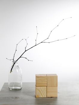 An unblown linden branch in a glass vase and four wooden cubes with space for text. Scandinavian style. Copy space. Place for text