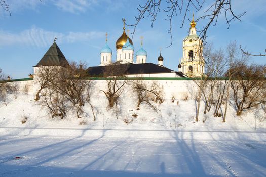 Moscow, Russia - January, 2022, The domes of the Novospassky monastery against the a blooming spiraea. New monastery of the Saviour, is one of the fortified monasteries surrounding Moscow from south-east.