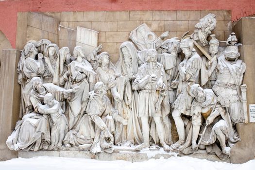 Moscow, Russia - 20 December 2021, bus-relief, David's meeting of defeated Goliath, sculptor A. V. Loganovsky, remains of the ornaments of the old Cathedral of Christ the Savior. Donskoy monastery