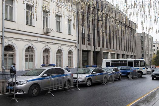 Moscow, Russia - 1 October 2022, Police cars and paddy wagons near the building of the Federation Council