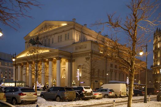 Moscow, Russia - 30 January 2022, Night view of State academic Maly theatre, State academic Bolshoi theatre of Russia, Theatre square.TSUM