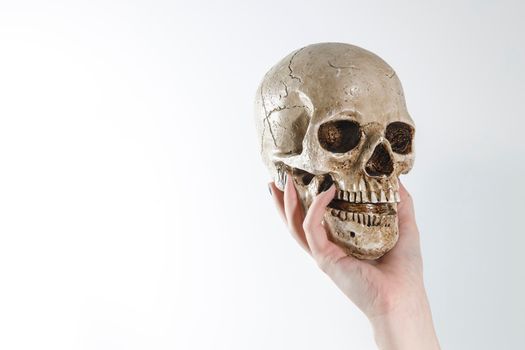 A woman's hand holds a skull on a white background. To be or not to be