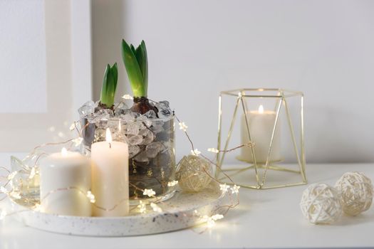 Two unopened hyacinths in a glass vase with artificial ice. Interior view in modern scandinavian style with painting canvas or poster on the wall. Living room, chest of drawers with vases.