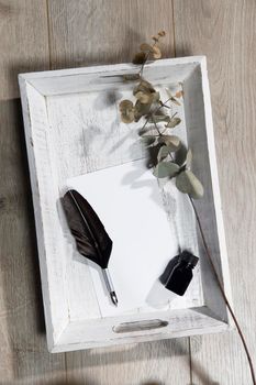A dry branch of eucalyptus on a sheet of paper, a fountain pen and a bottle of ink are on a wooden beige tray. tray. Greeting card concept. Place for text