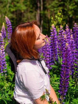 Young caucasian woman in nature among the flowers of blooming lupine. photo