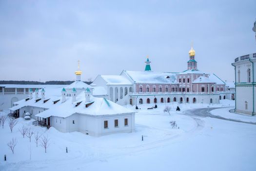 ISTRA, RUSSIA - January 16, 2022, The Resurrection Cathedral of New Jerusalem Monastery was built according to the prototype - the Church of the Holy Sepulcher in Jerusalem. Snowfall