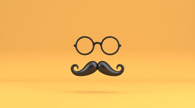 Mustache and eyeglasses mask 3D rendering illustration isolated on yellow background