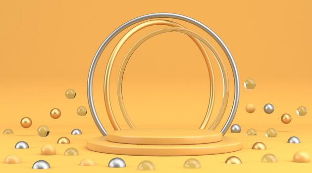 Composition with rings and balls for product demonstration 3D rendering illustration isolated on yellow background