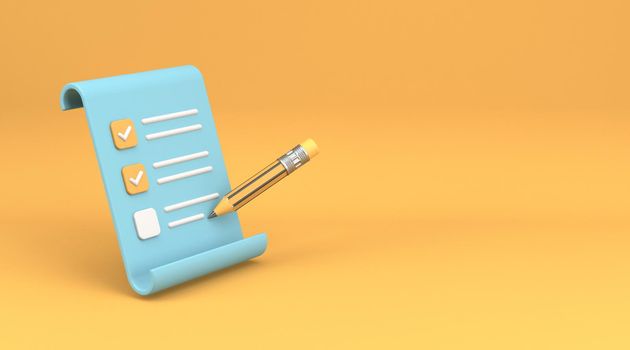 Notepad icon clipboard and pencil 3D rendering illustration isolated on yellow background