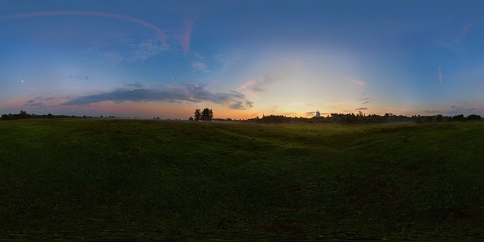 Foggy sunrise on meadow full spherical panorama. 360 by 180 degree angle of view in equirectangular projection. May be used in virtual reality or 3D-graphics content as photorealistic background.