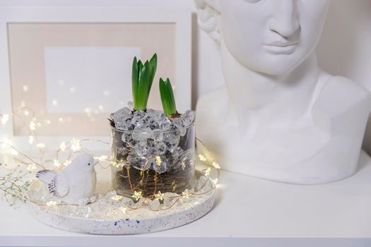 Two unopened hyacinths in a glass vase with artificial ice. Interior view in modern scandinavian style with painting canvas or poster on the wall. Living room, chest of drawers with vases.