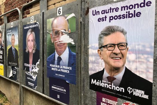 PARIS, FRANCE - APRIL 06, 2022 : The banners with candidates for President elections