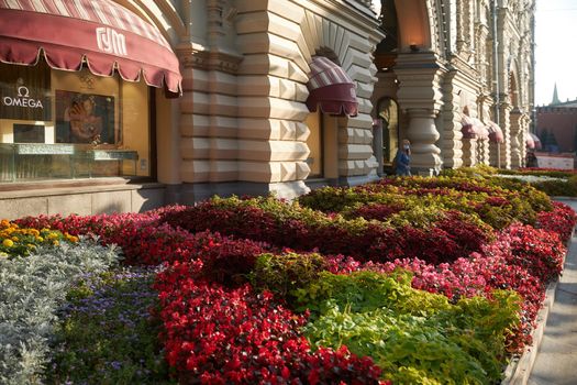 Moscow, Russia - 31 August, 2021, Flowerbeds with begonias and various types of coleus in red tones adorn the entrance to GUM on Nikolskaya Street