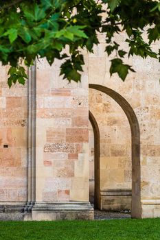 Close up of architectural details of elegant facade building.