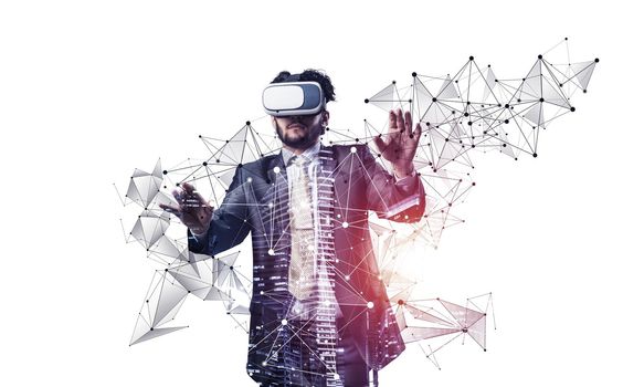Businessman wearing VR headset working with virtual system. New reality modeling and design. Interacting with virtual interface. Mixed media with 3d objects. Business model simulation and management