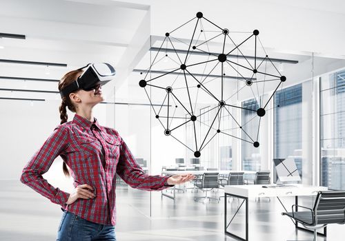 Young woman in casual wearing virtual helmet and working with connection concept. 3d rendering