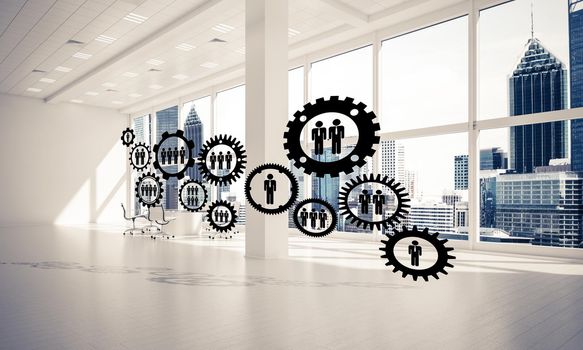 Cogwheels and gears mechanism as social communication concept in office interior. 3D rendering