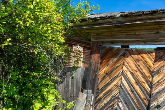 Old crooked wooden gate to the courtyard in the Siberian village.