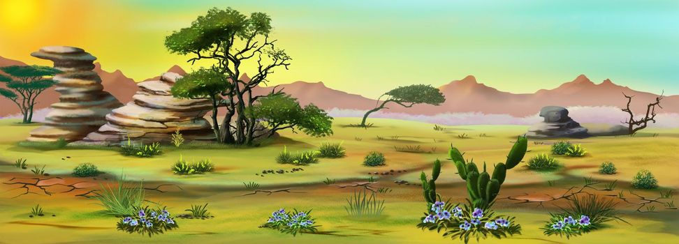 Desert landscape of the African savannah in the early morning. Digital Painting Background, Illustration.