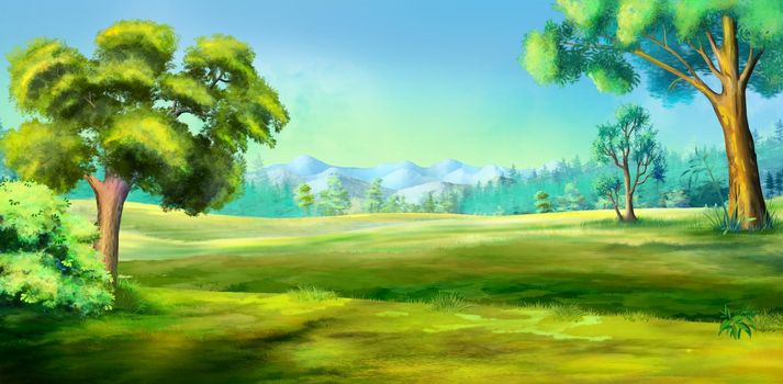 Big trees on the background of the steppe landscape. Digital Painting Background, Illustration.