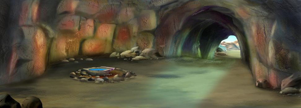 Caveman cave in prehistoric era. Digital Painting Background, Illustration.