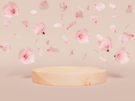wooden cylinder for product display with falling cherry blossoms and petals. 3d rendering
