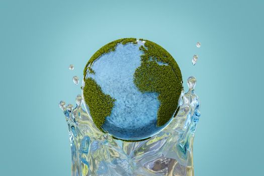 planet earth with vegetation and a splash of water behind. concept of global warming, water, pollution, renewable energy and drought. 3d rendering