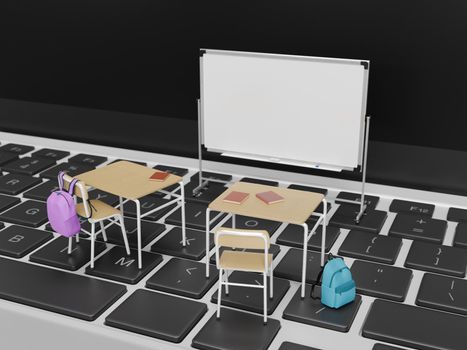 whiteboard with desks in front of it over a laptop keyboard. concept of online education, classroom, distance school and learning. 3d rendering