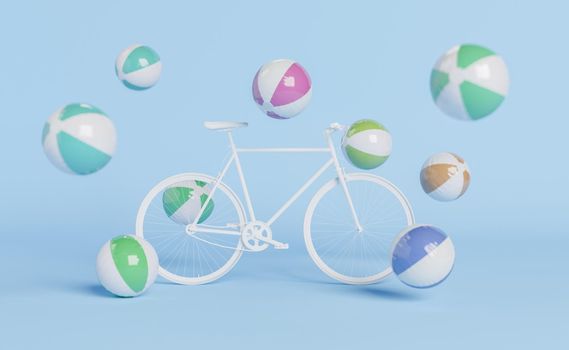 retro bicycle with beach balls around. minimalistic concept of summer, ride, activities, spring and outdoor sport. 3d rendering