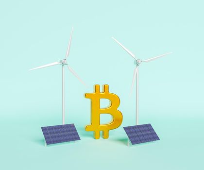 3d rendering of bitcoin symbol placed between windmills and solar panels on blue showing concept of eco mining of cryptocurrency
