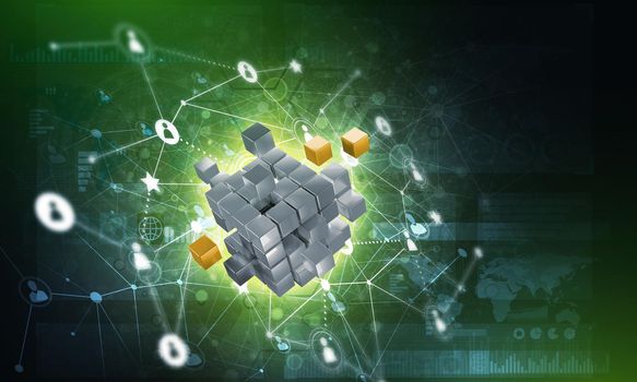 Conceptual background image with cube figure and social connection lines. 3d rendering