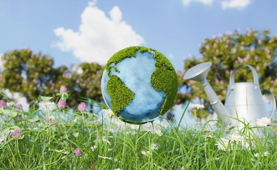 planet earth floating on rural background with trees and watering can out of focus. concept of sustainable resources and earth day. 3d rendering