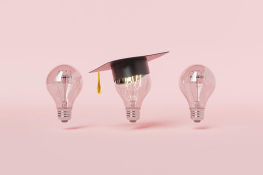 3d rendering illustration of row of light bulbs with one in graduation cap glowing in middle for concept of education against pink background