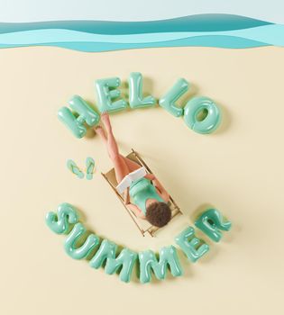 top view of a woman reading on a hammock on an artificial beach with the word HELLO SUMMER from swim floats. concept of summer arrival. relaxation, vacation and travel. 3d rendering