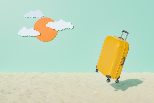 suitcase floating on beach sand with artificial sky background. space for text. concept of vacation, summer, travel, beach and heat. 3d rendering