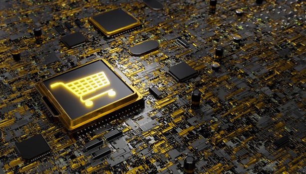 golden motherboard with luminous shopping cart symbol in the processor and copy space. e-commerce concept, online shopping, future, drop shipping, technology and resources. 3d rendering