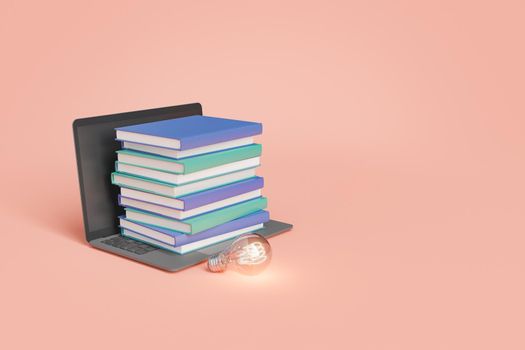 3d illustration of stack of textbooks placed on opened netbook near luminous lightbulb for concept of studies and research on pink background