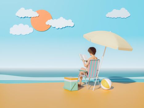 woman with afro hair reading on an artificial beach in a studio with beach accessories. concept of summer, relaxation, vacation, reading, education and travel. 3d rendering