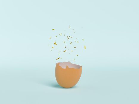 broken eggshell with confetti coming out. minimalistic concept of new birth, easter coming and healthy eating. 3d rendering