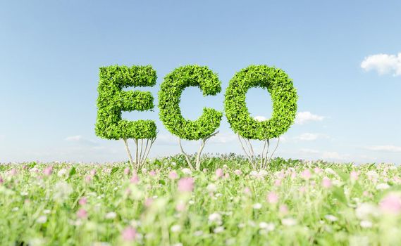 ECO sign of bushes over a field full of flowers. concept of global warming, ecologist, environment and renewable energy. 3d rendering