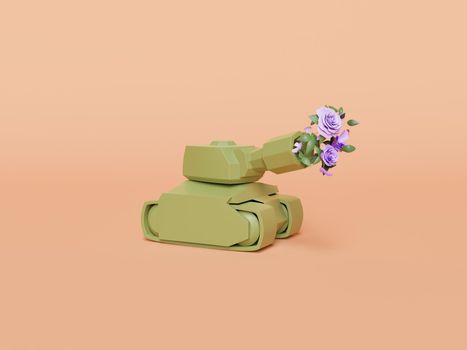 tank toy with flowers in cannon. concept of war and peace. 3d rendering