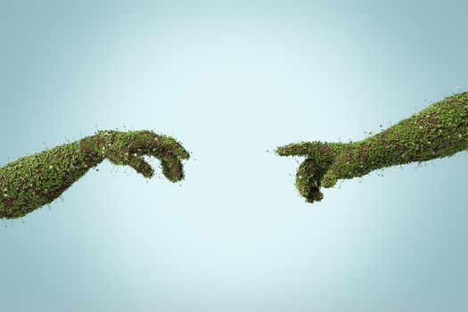 posed hands of adam's creation full of flowers and vegetation. 3d rendering