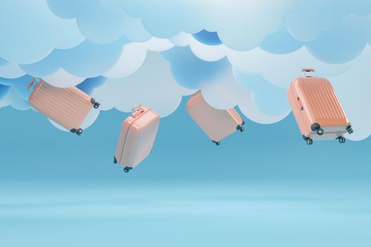 travel suitcases falling from artificial clouds on studio background. travel concept. 3d rendering
