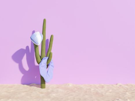 beach ball on a cactus on beach sand and pink wall. 3d rendering