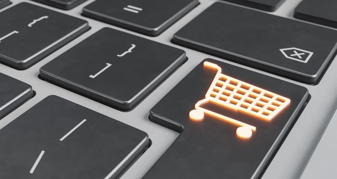 close up of a luminous shopping cart symbol on the enter key of a laptop. e-commerce concept, online business, dropshipping, offers and technology. 3d rendering