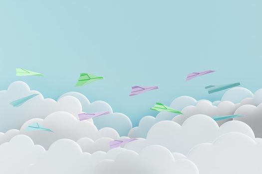 colorful paper airplanes flying over transparent flat clouds and blue background. concept of education, school, current, move forward and startup. 3d rendering