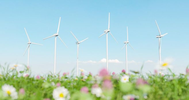 wind turbines with foreground of spring meadow full of flowers out of focus . 3d rendering