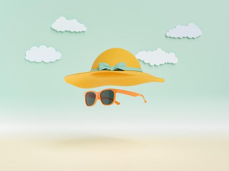 beach hat and sunglasses floating on a minimal background of artificial sky. concept of summer, heat, travel, walk and vacation. 3d rendering