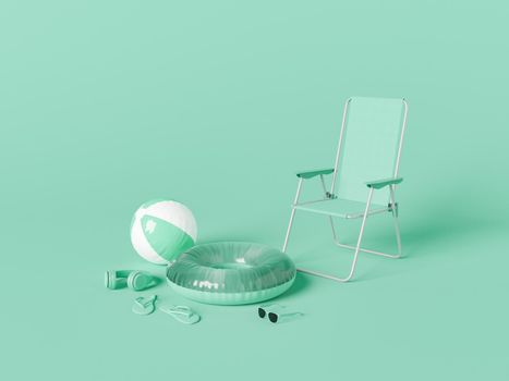 monochromatic scene of beach accessories with float, headphones and outdoor chair. 3d rendering