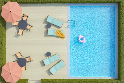 top view of a terrace with tables and umbrellas and a swimming pool surrounded by bushes. 3d rendering